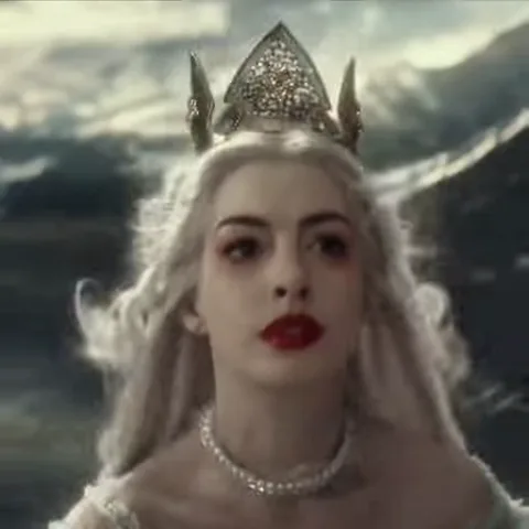 Крупный план лица женщины со светлыми волосами, в короне и жемчужном ожерелье. Она не моргает и смотрит прямо.