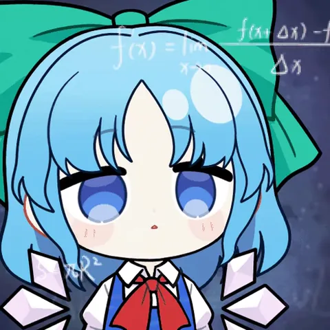 Чibi персонаж Цирно из Touhou Project с голубыми волосами и зелёным бантом на фоне уравнений.