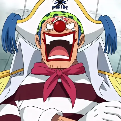 Клоун Багги из аниме One Piece кричит, а затем крупный план его лица с текущими слезами и оскалом.