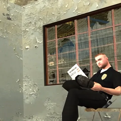 3D-персонаж полицейского в черной форме сидит на стуле, держит в руках газету и смотрит в сторону.