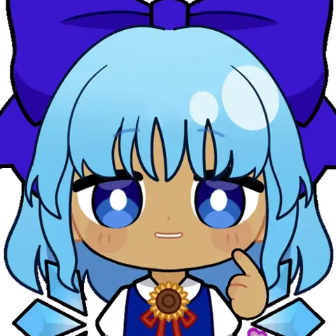 Чibi-версия персонажа Цирно из Touhou Project делает жест рукой и смущённо улыбается с каплей пота на голове.