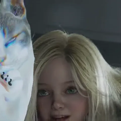 Анимация крупного плана: улыбающаяся девочка обнимает белого кота, который выглядит раздражённым.