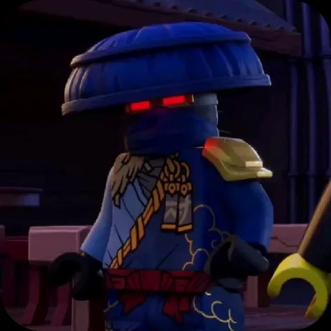 Анимация персонажа Джея из LEGO Ninjago со спины: он в синем костюме и шляпе, глаза светятся красным, лёгкое движение головой.