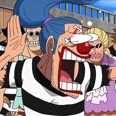 Анимация персонажа Багги из One Piece, который громко кричит, а его нос отлетает в сторону.
