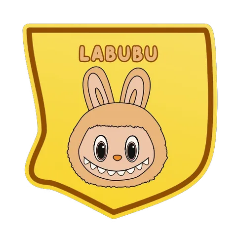 Анимированный стикер с желтым щитом и лицом персонажа Labubu, по которому проходит световой эффект.